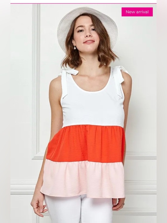 Lime N Chili Tops - COLOR BLOCK BABYDOLL TIERED TANK SHIRT CORAL RED PINK WHITE SIZE MEDIUM NEW